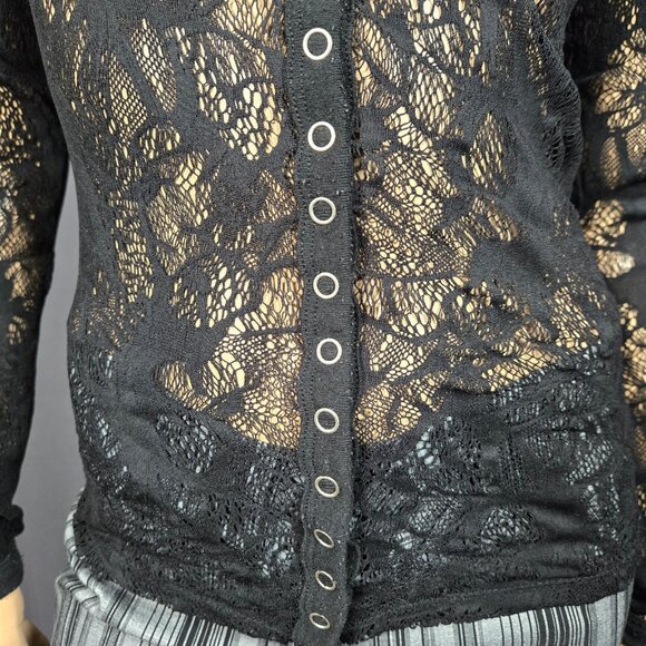 Y2K Black Lace Gothic Fairy Top Size S V Neck Semi Sheer Snap Buttons Whimsigoth - Picture 4 of 7